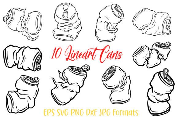 10 Lineart Cola Coke Soda Crushed Can: SVG, PNG, EPS, DXF, JPG