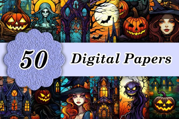 Unleash Spooky Elegance with 50 Retro Halloween Stained Glass Papers