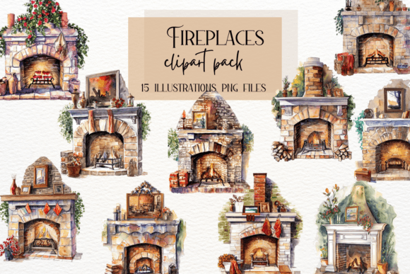 Warm Your Designs: Watercolor Fireplaces Clipart